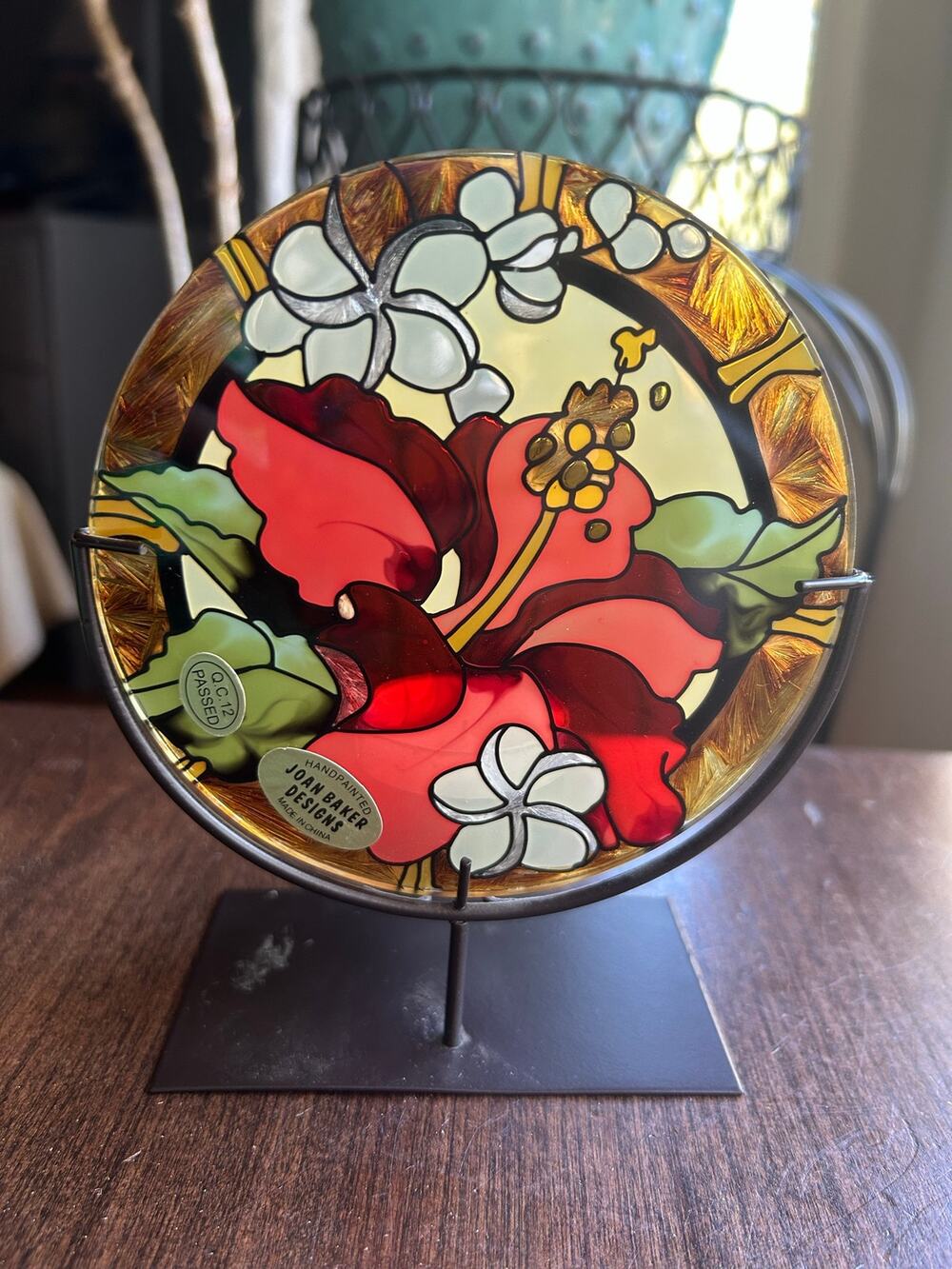 Joan Baker Designs faux stained glass suncatcher tea light tropical hibiscus